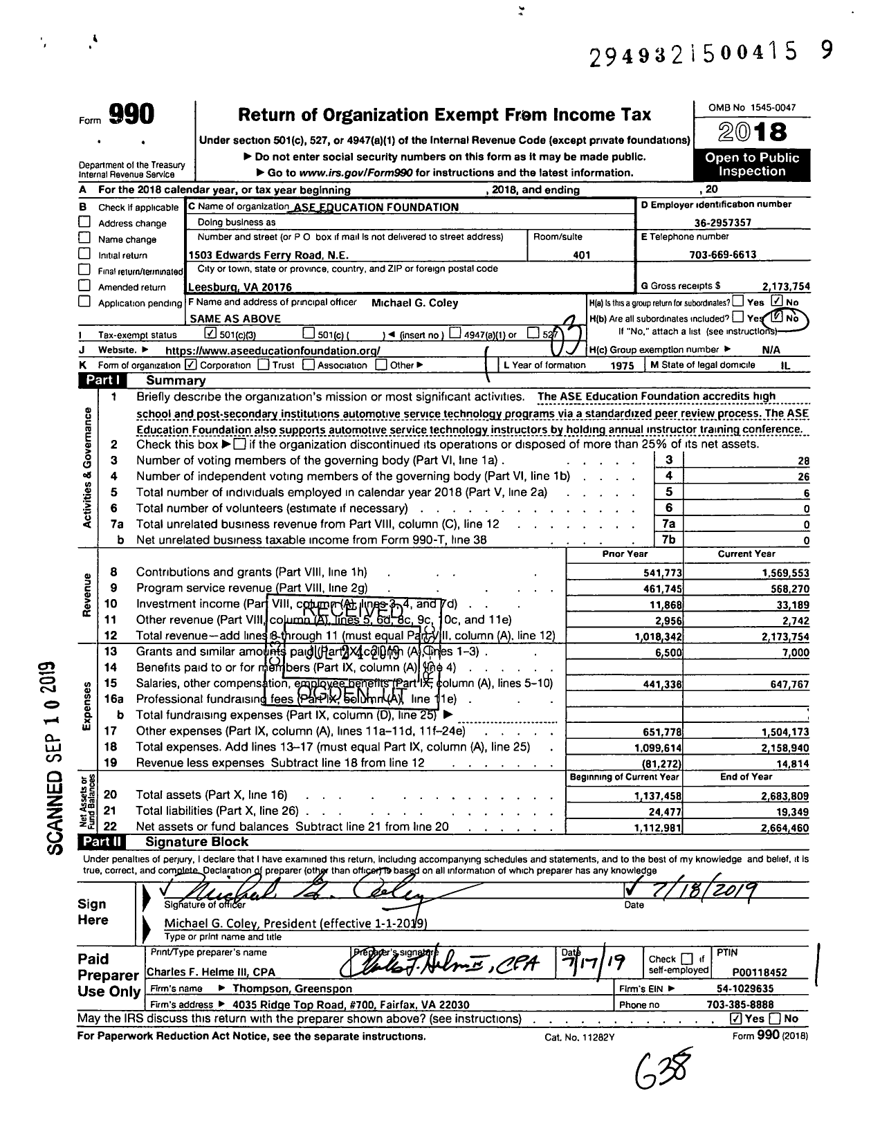 Image of first page of 2018 Form 990 for Ase Education Foundation