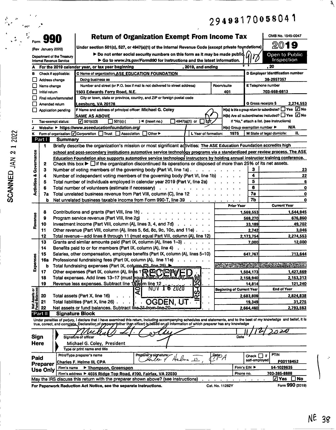 Image of first page of 2019 Form 990 for Ase Education Foundation