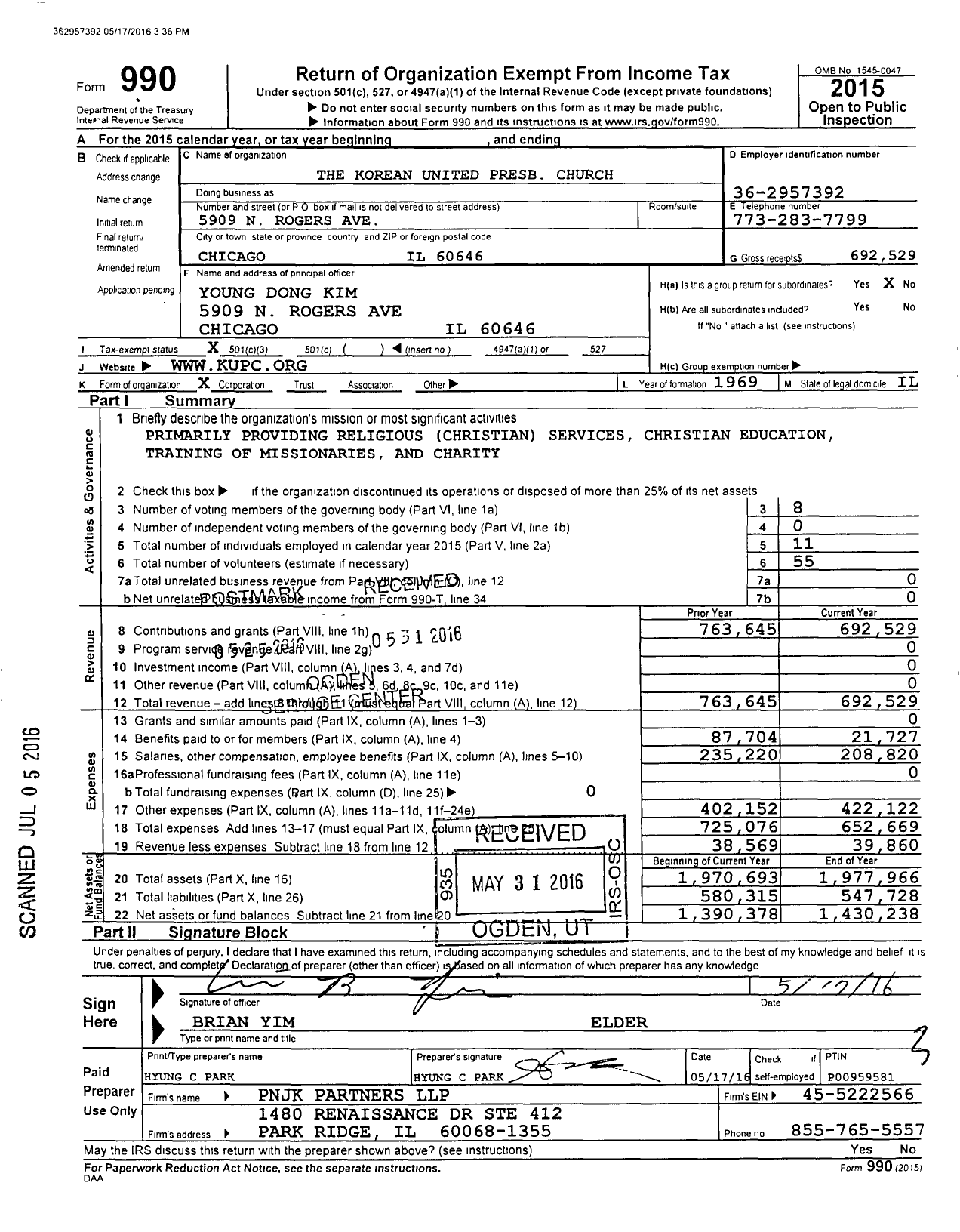 Image of first page of 2015 Form 990 for The Korean United Presb Church