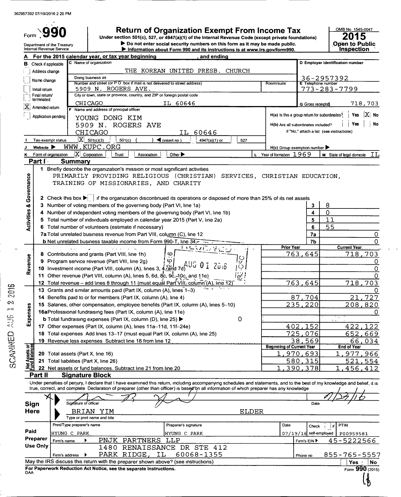 Image of first page of 2015 Form 990 for The Korean United Presb Church