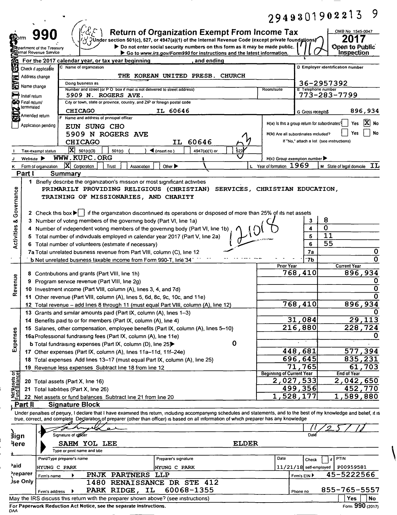 Image of first page of 2017 Form 990 for The Korean United Presb Church