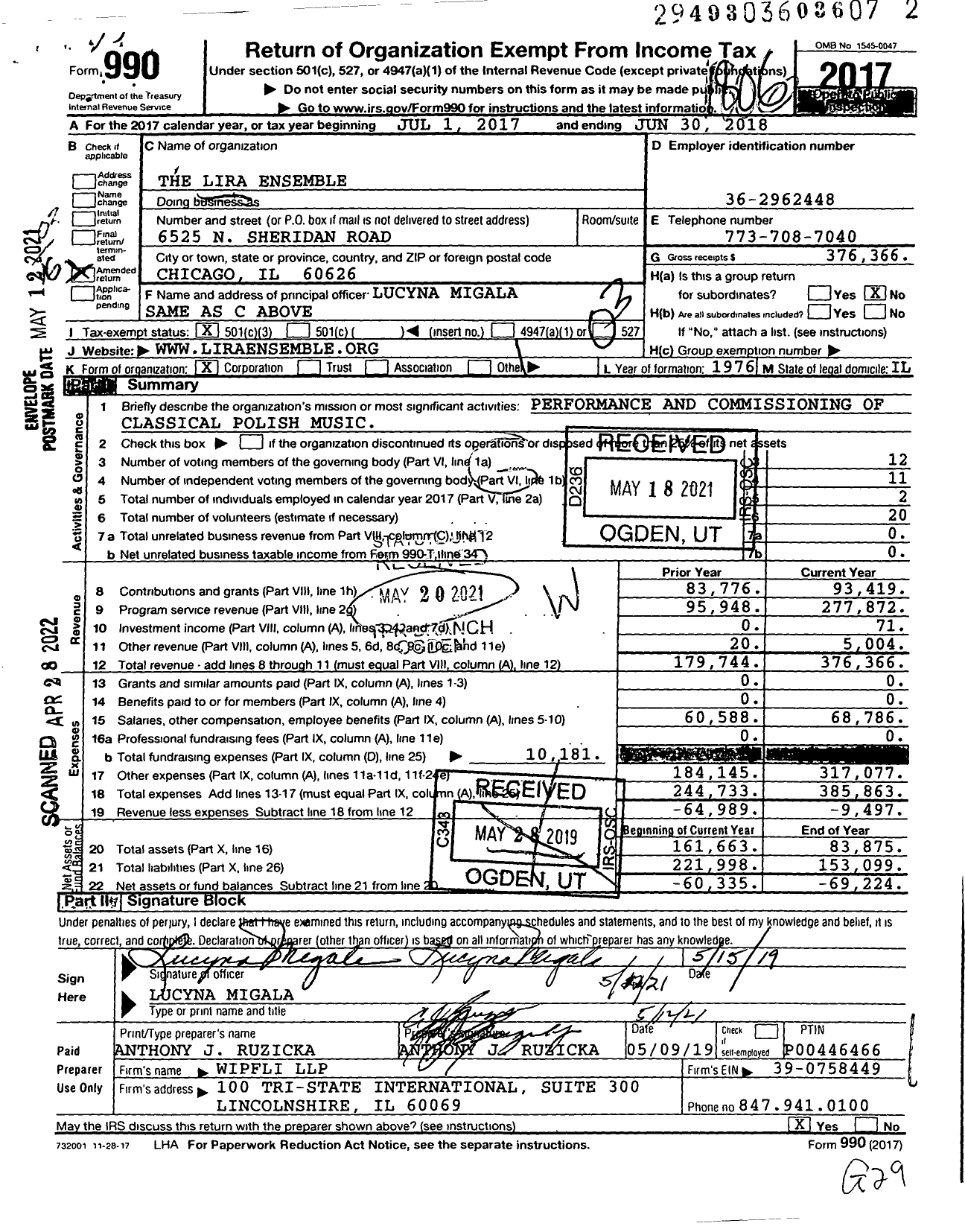 Image of first page of 2017 Form 990 for The Lira Ensemble