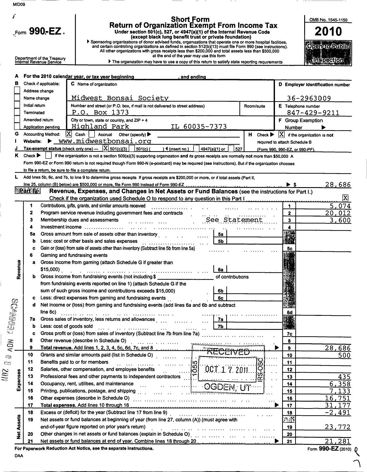 Image of first page of 2010 Form 990EZ for Midwest Bonsai Society