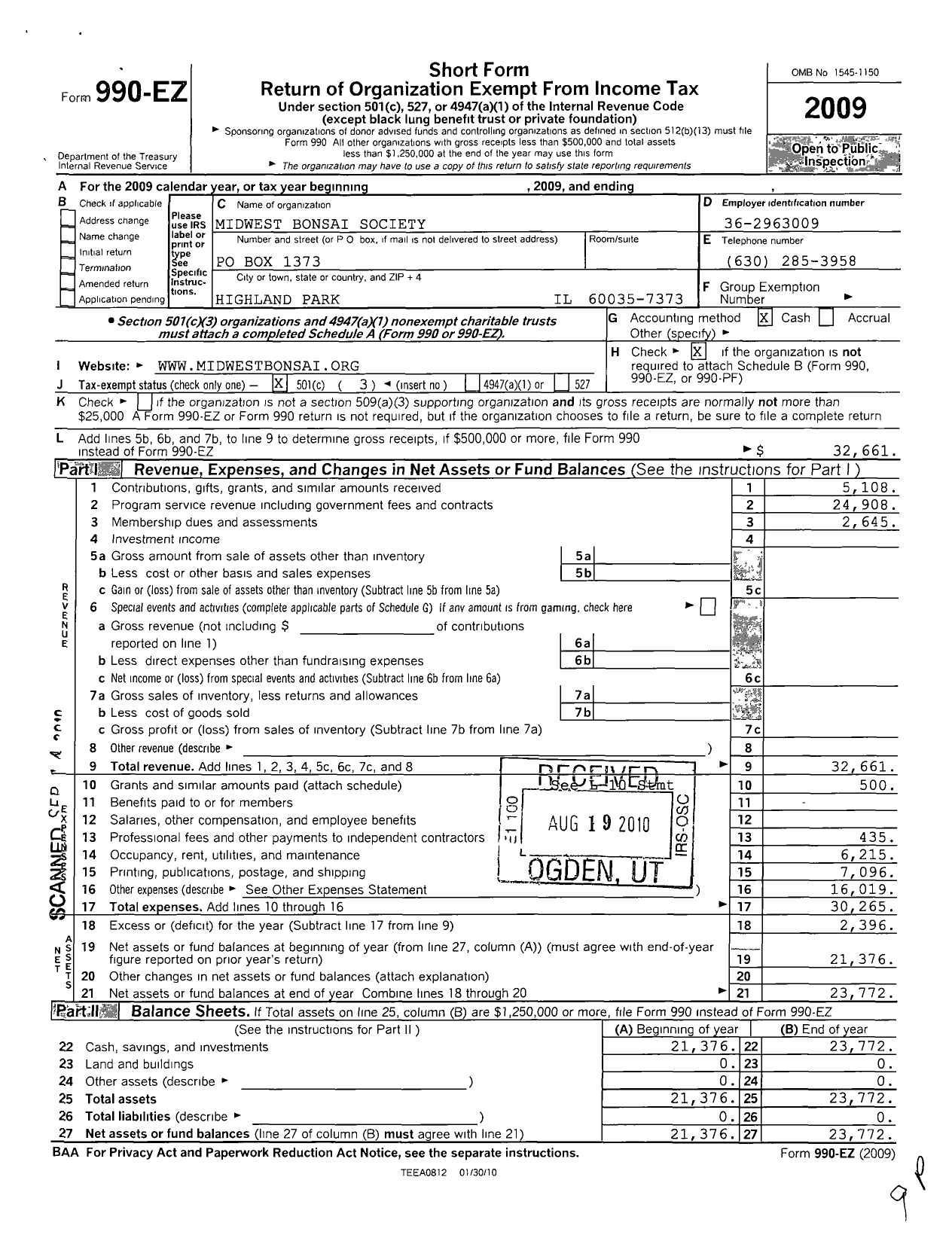 Image of first page of 2009 Form 990EZ for Midwest Bonsai Society