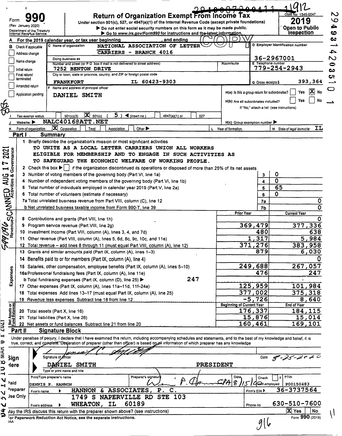 Image of first page of 2019 Form 990O for National Association of Letter Carriers - 4016 S Suburban Merged Branch