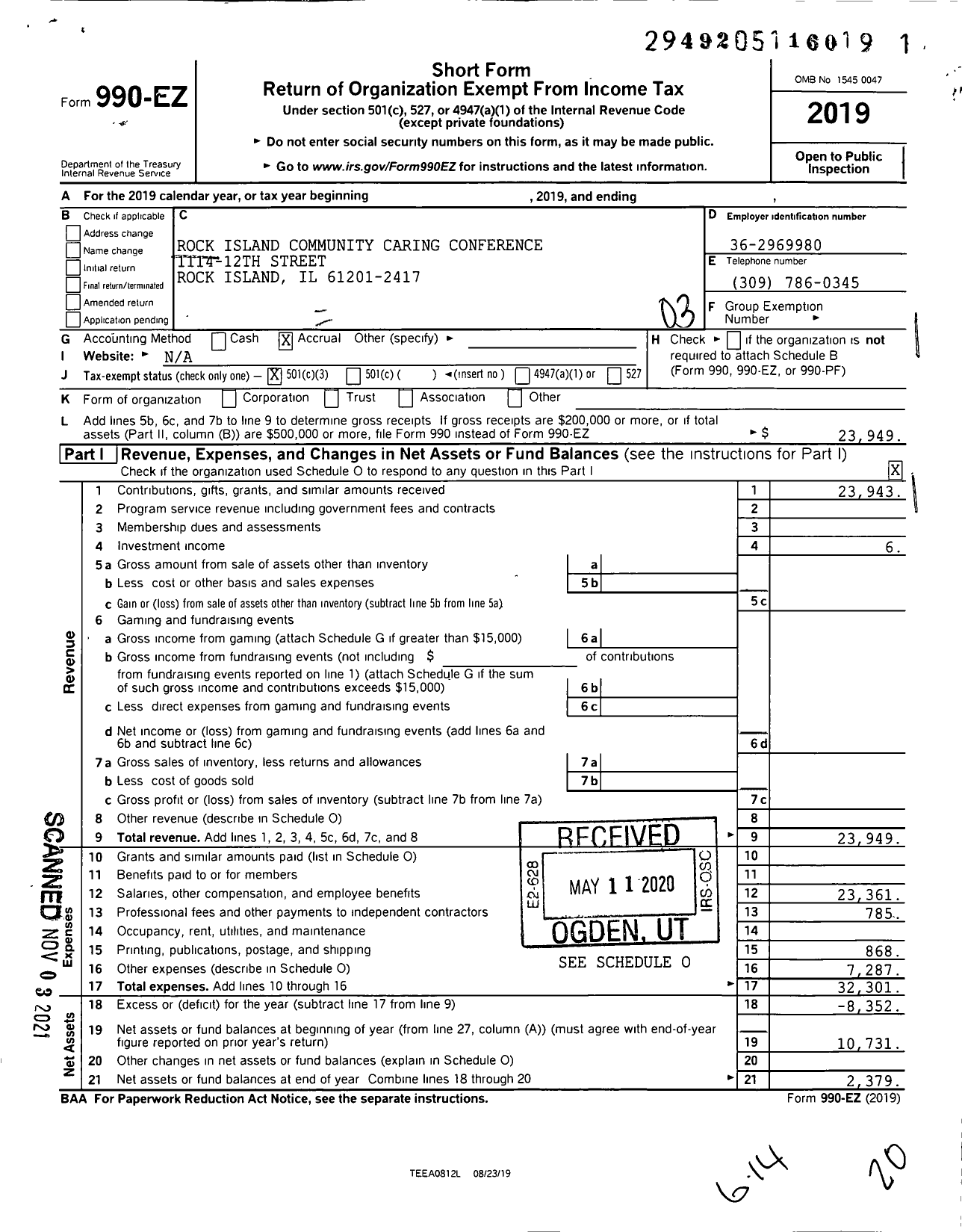 Image of first page of 2019 Form 990EZ for Rock Island Community Caring Conference