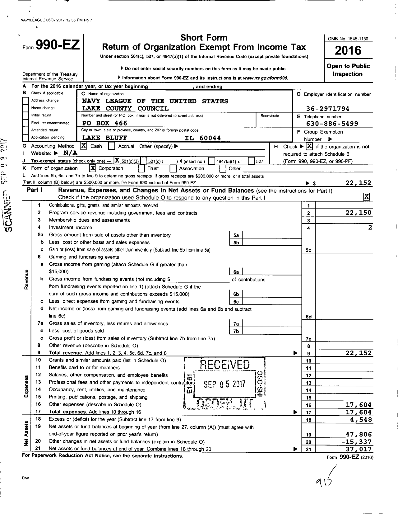 Image of first page of 2016 Form 990EZ for Navy League of the United States Lake County Council