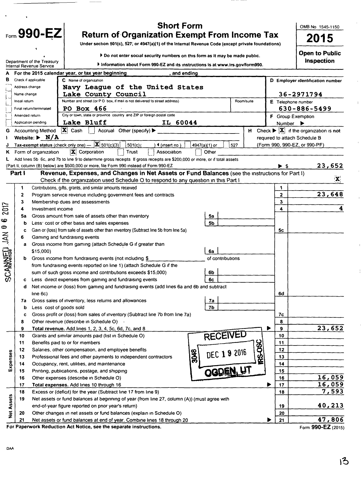 Image of first page of 2015 Form 990EZ for Navy League of the United States Lake County Council