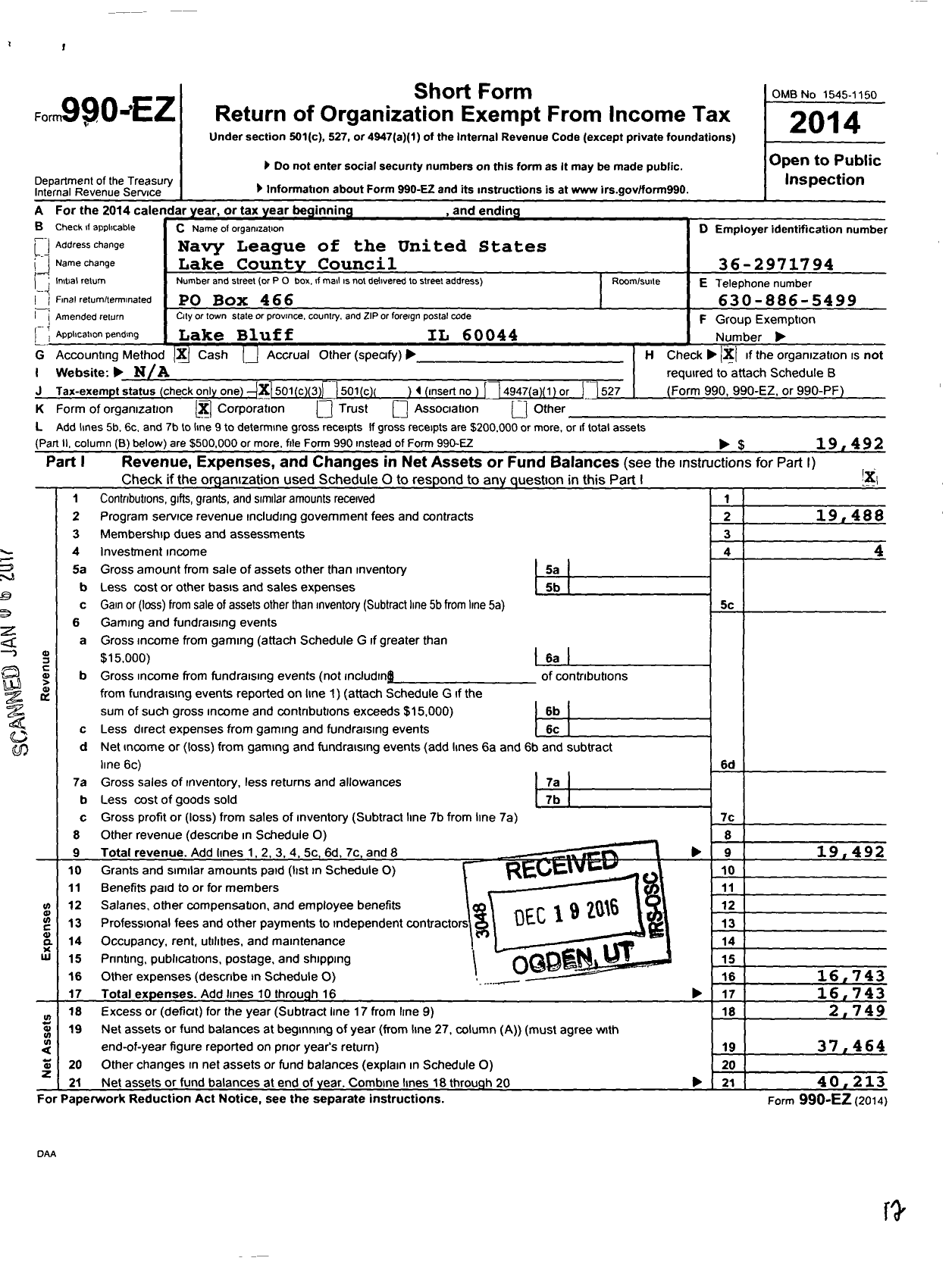 Image of first page of 2014 Form 990EZ for Navy League of the United States Lake County Council