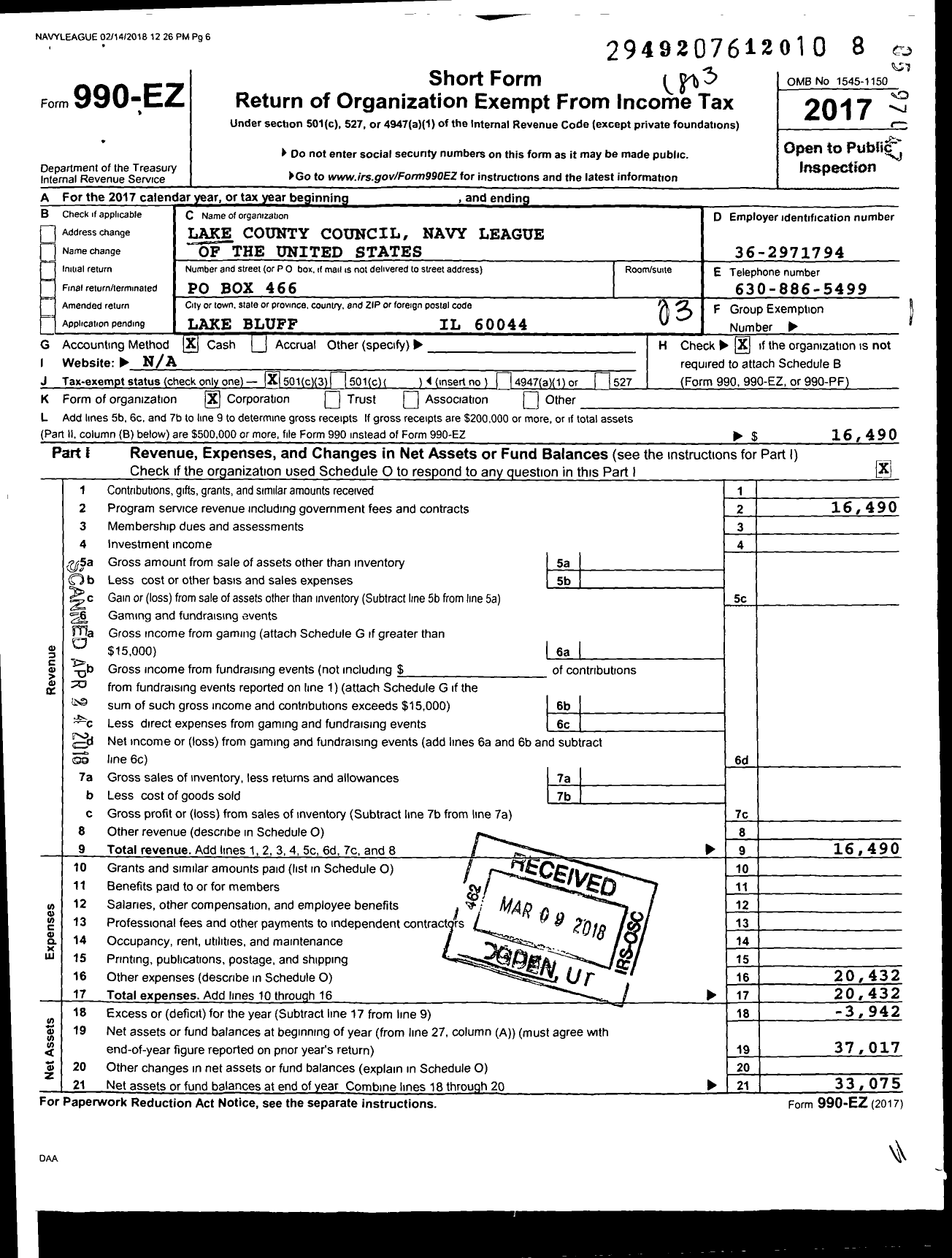 Image of first page of 2017 Form 990EZ for Navy League of the United States Lake County Council