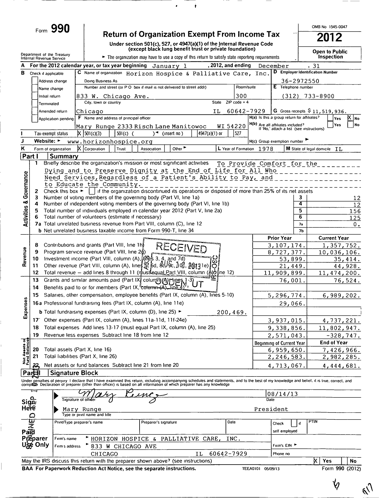 Image of first page of 2012 Form 990 for Horizon Hospice and Palliative Care