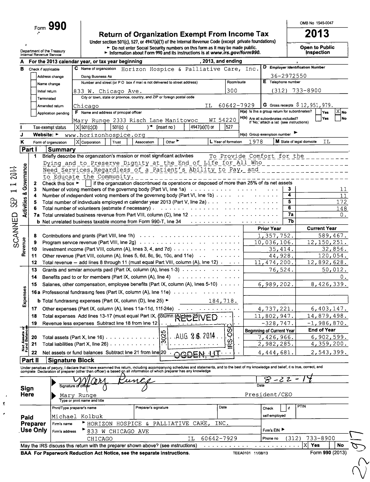 Image of first page of 2013 Form 990 for Horizon Hospice and Palliative Care