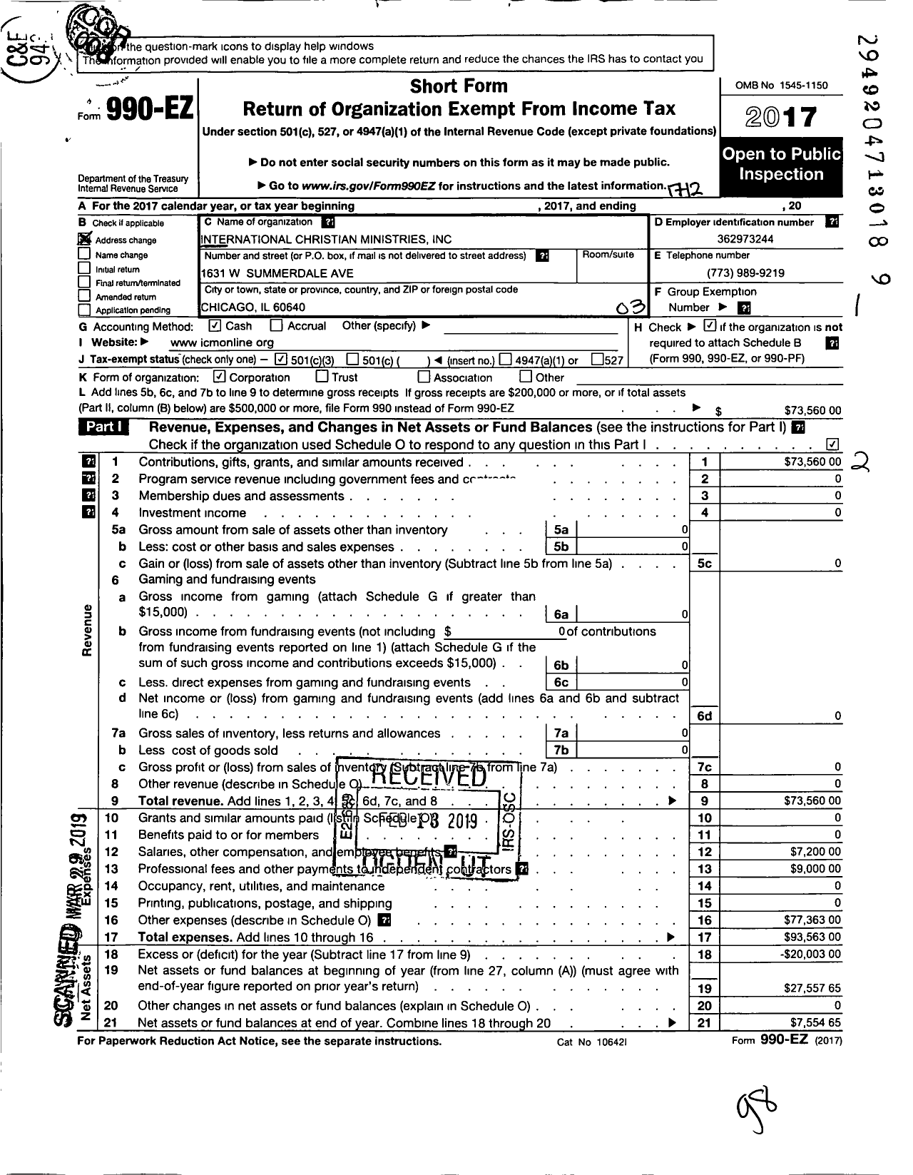 Image of first page of 2017 Form 990EZ for International Christian Ministries