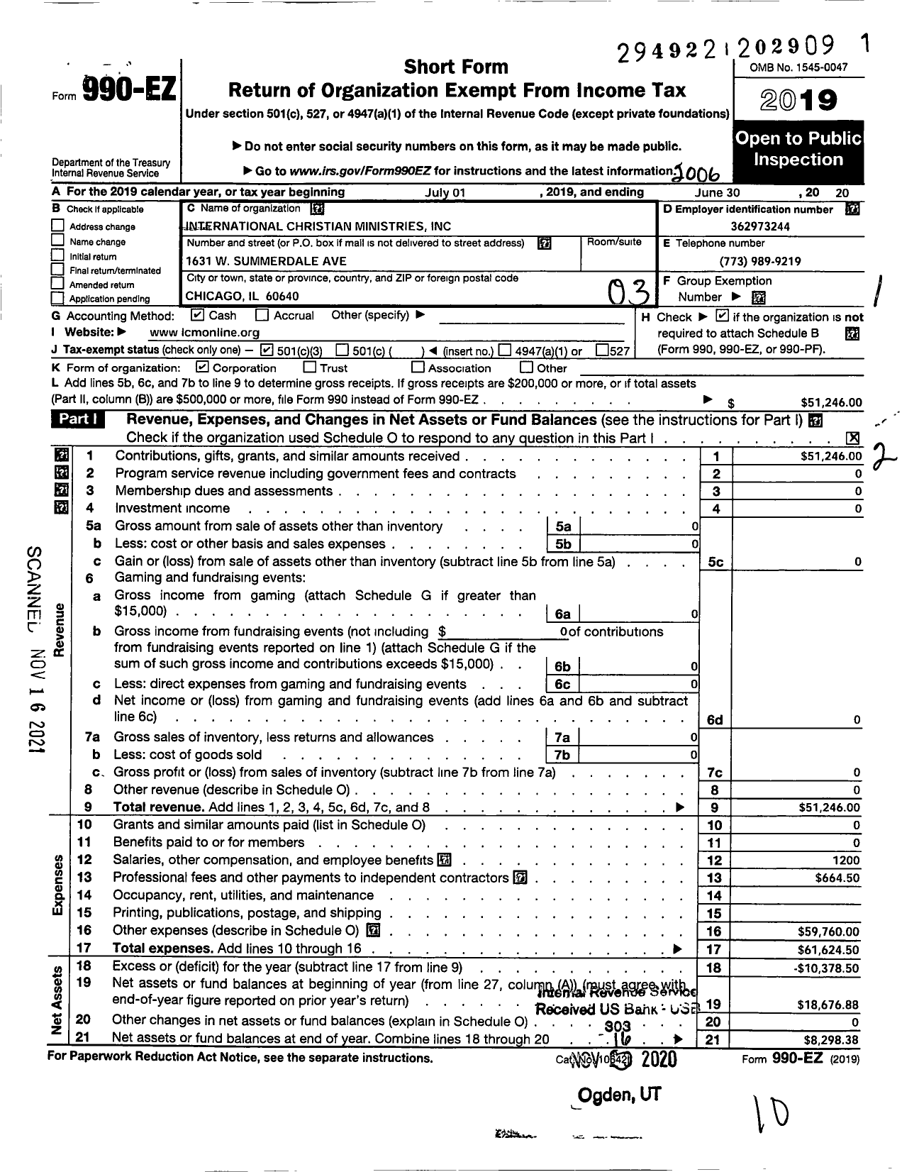 Image of first page of 2019 Form 990EZ for International Christian Ministries