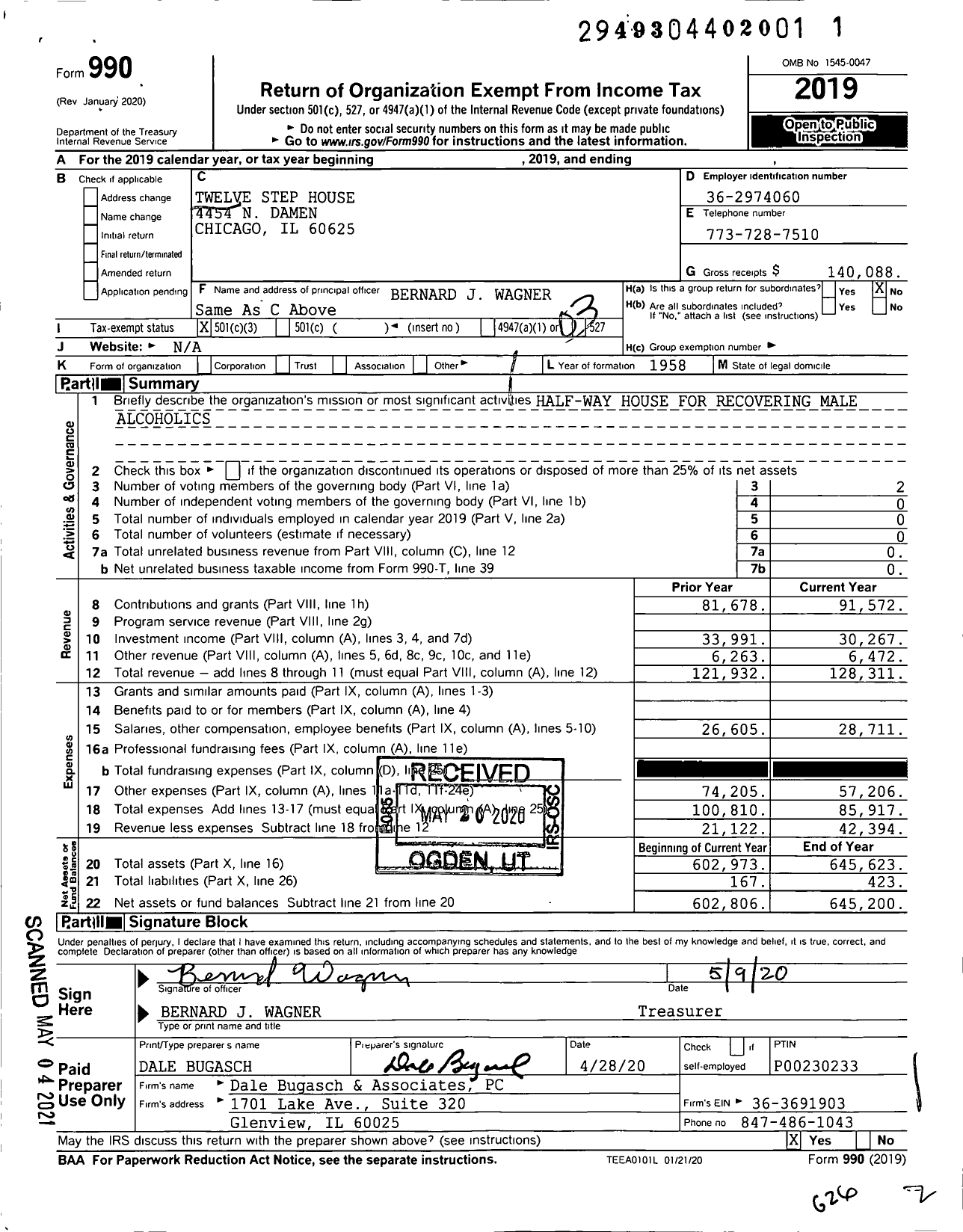 Image of first page of 2019 Form 990 for Twelve Step House