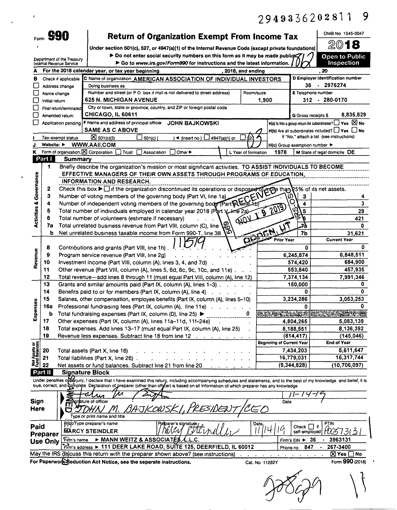 Image of first page of 2018 Form 990 for American Association of Individual Investors