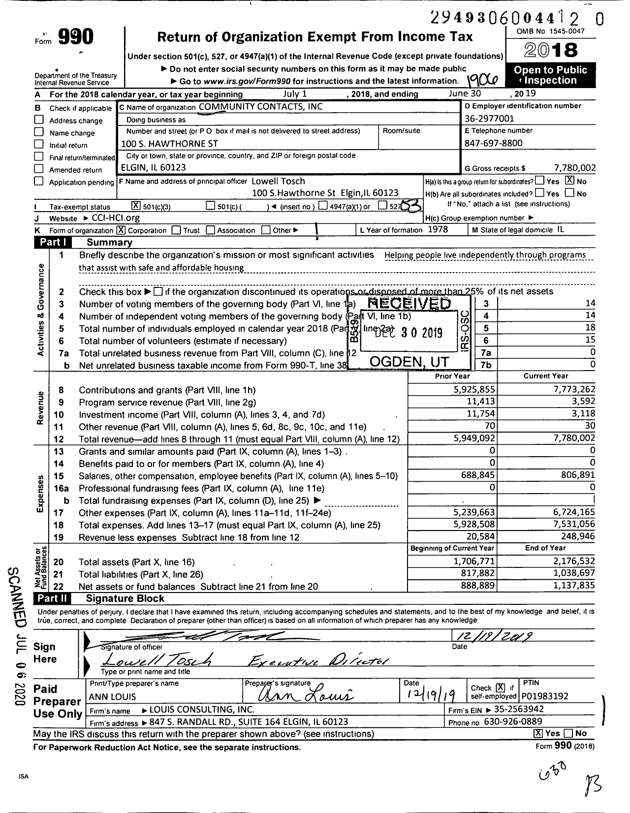 Image of first page of 2018 Form 990 for Community Contacts (CCI)