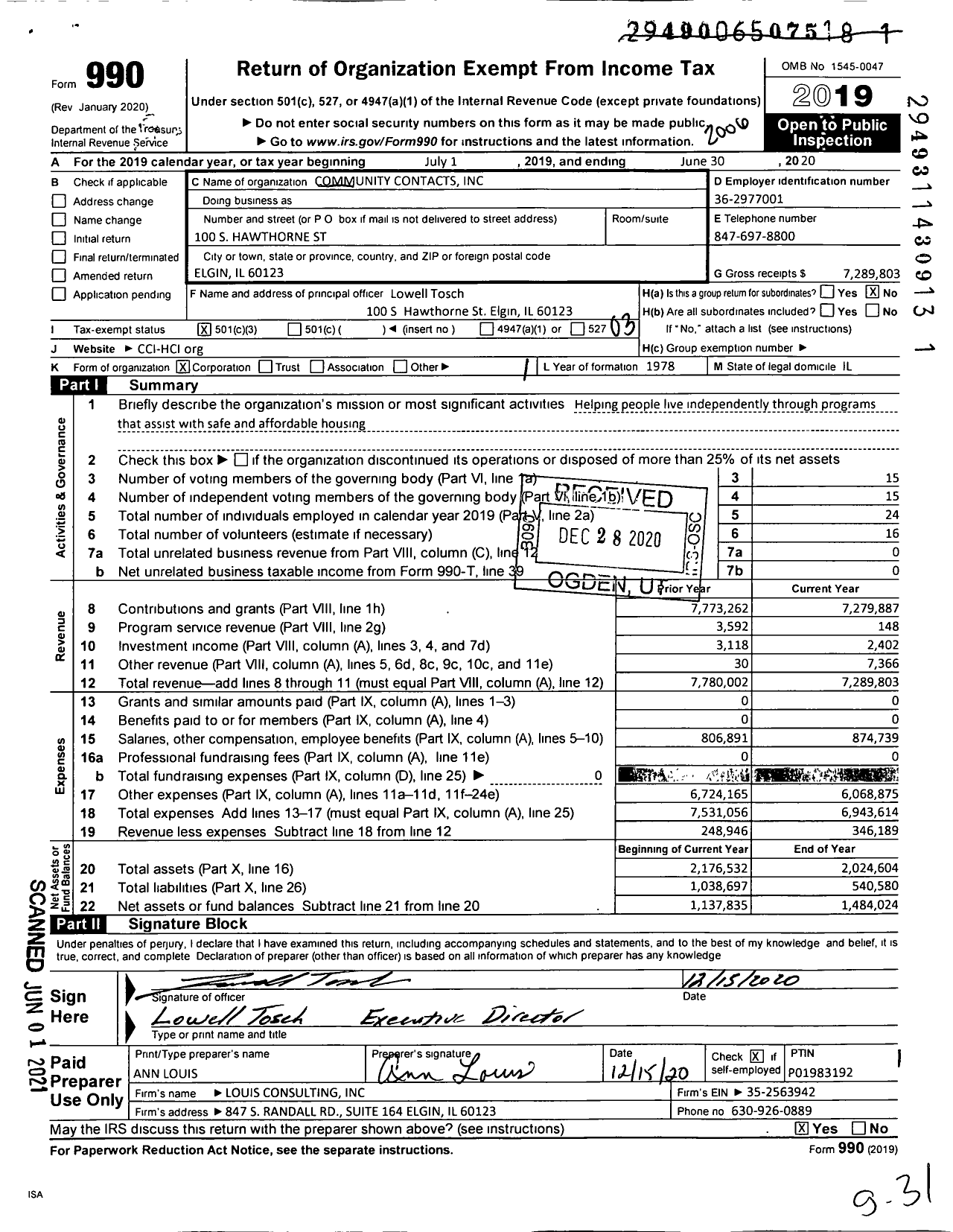 Image of first page of 2019 Form 990 for Community Contacts (CCI)