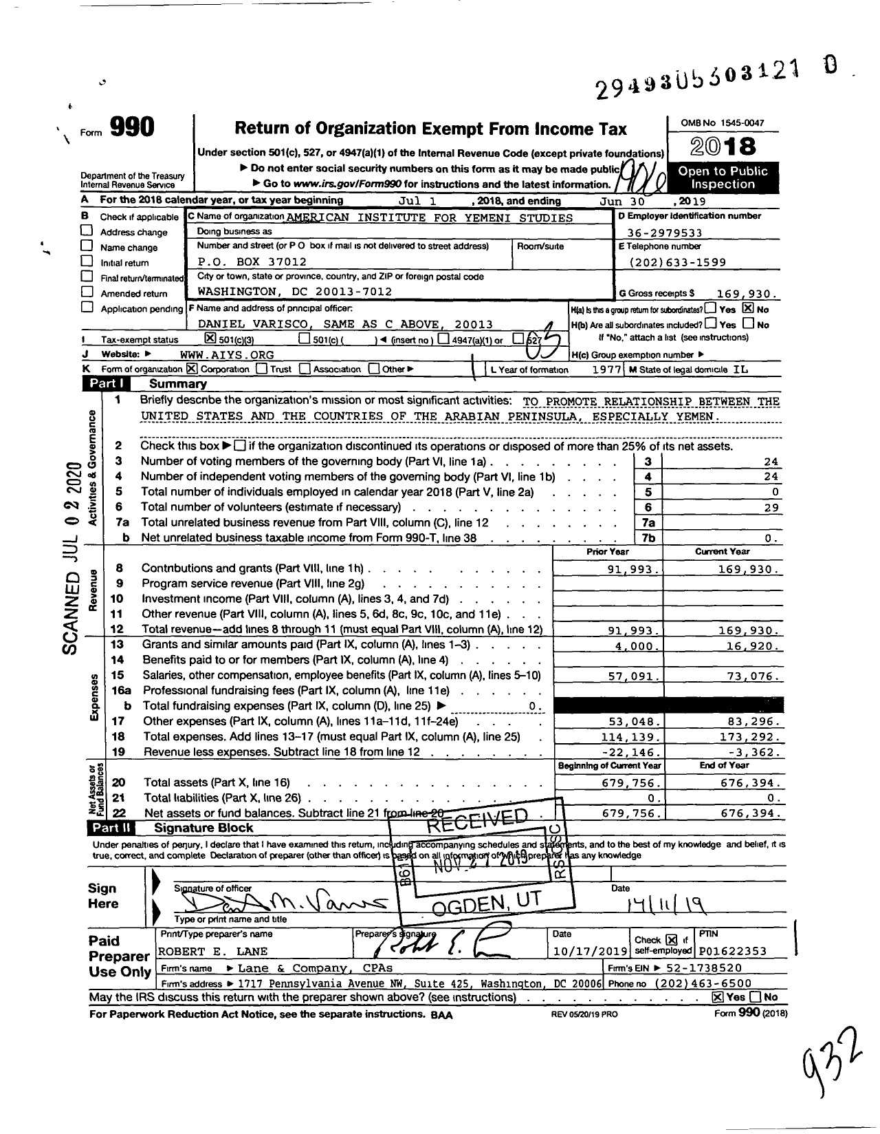 Image of first page of 2018 Form 990 for American Institute for Yemeni Studies