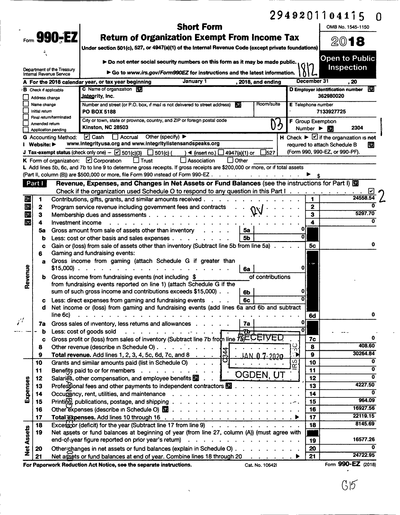 Image of first page of 2018 Form 990EZ for Integrity