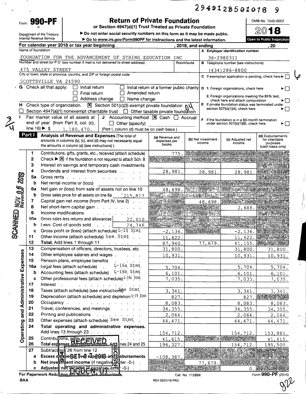 Image of first page of 2018 Form 990PF for Foundation for the Advancement of String Education