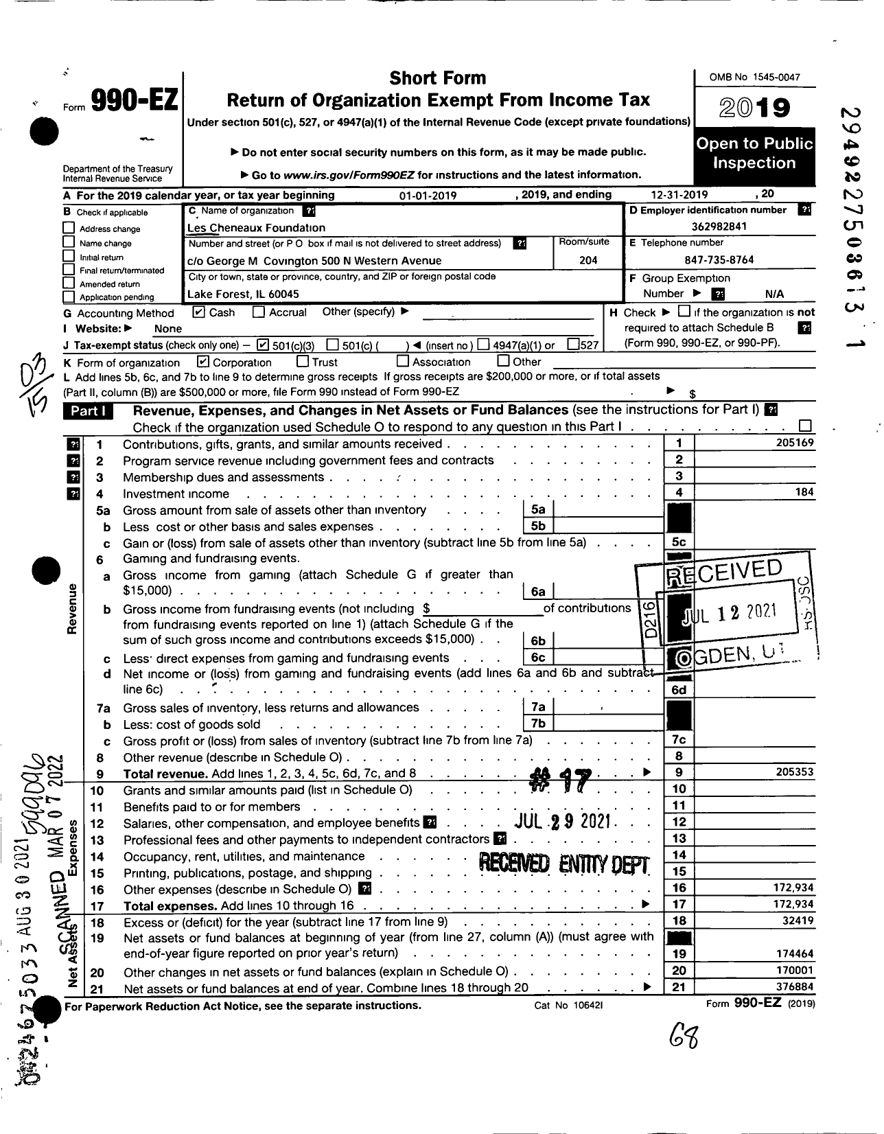 Image of first page of 2019 Form 990EZ for Les Cheneaux Foundation