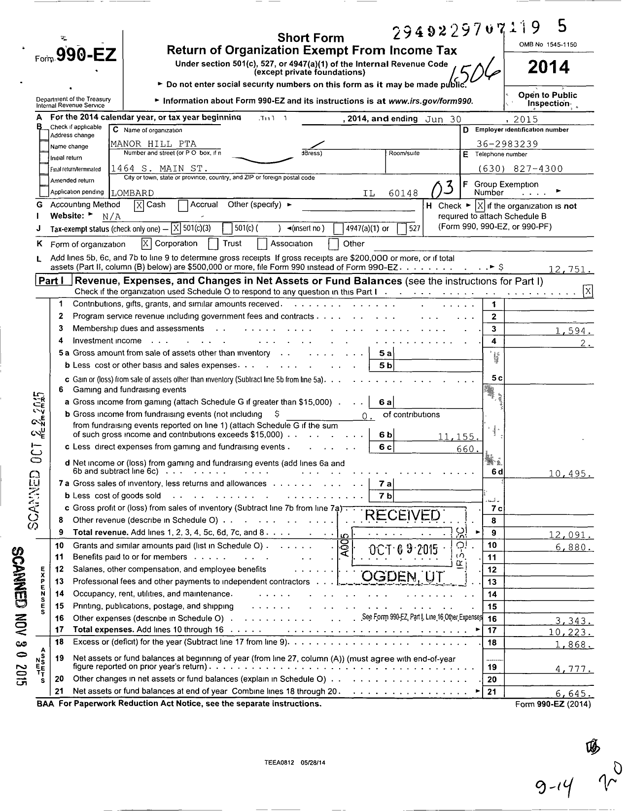 Image of first page of 2014 Form 990EZ for Illinois PTA - Manor Hill School PTA