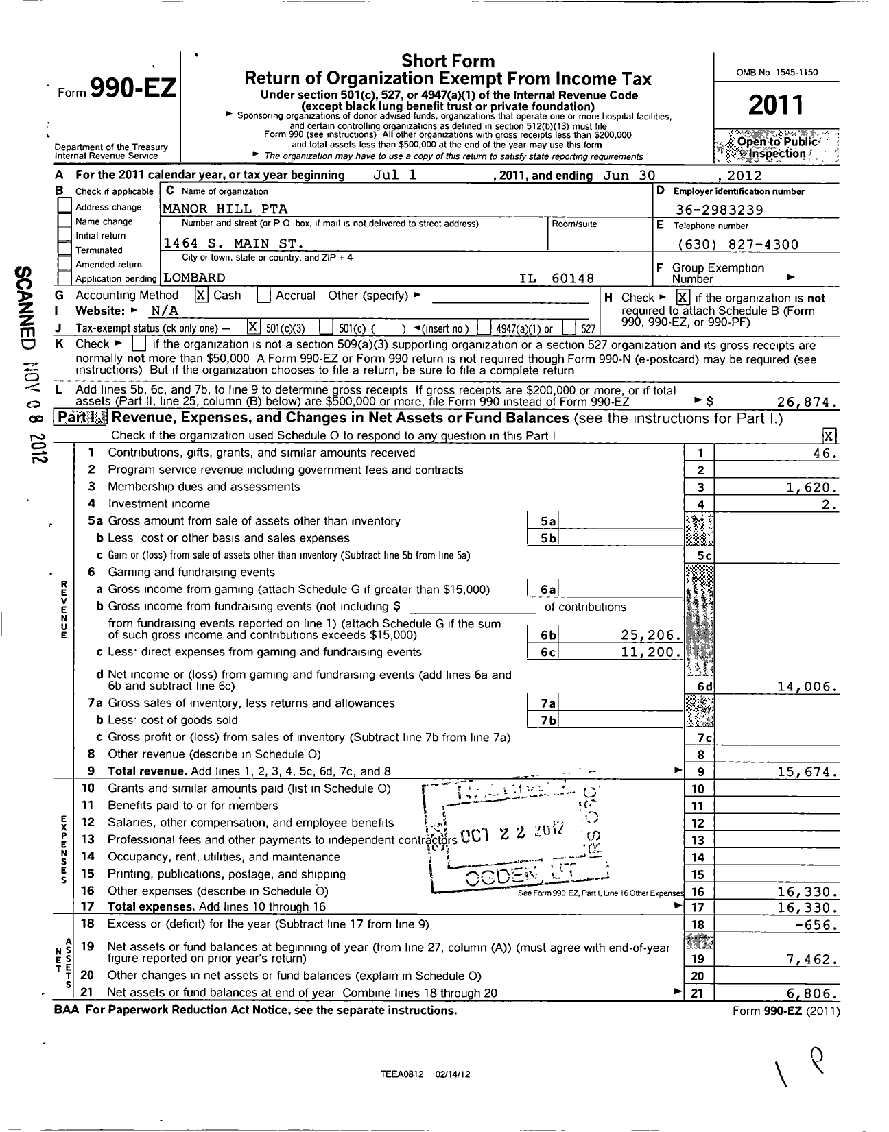 Image of first page of 2011 Form 990EZ for Illinois PTA - Manor Hill School PTA