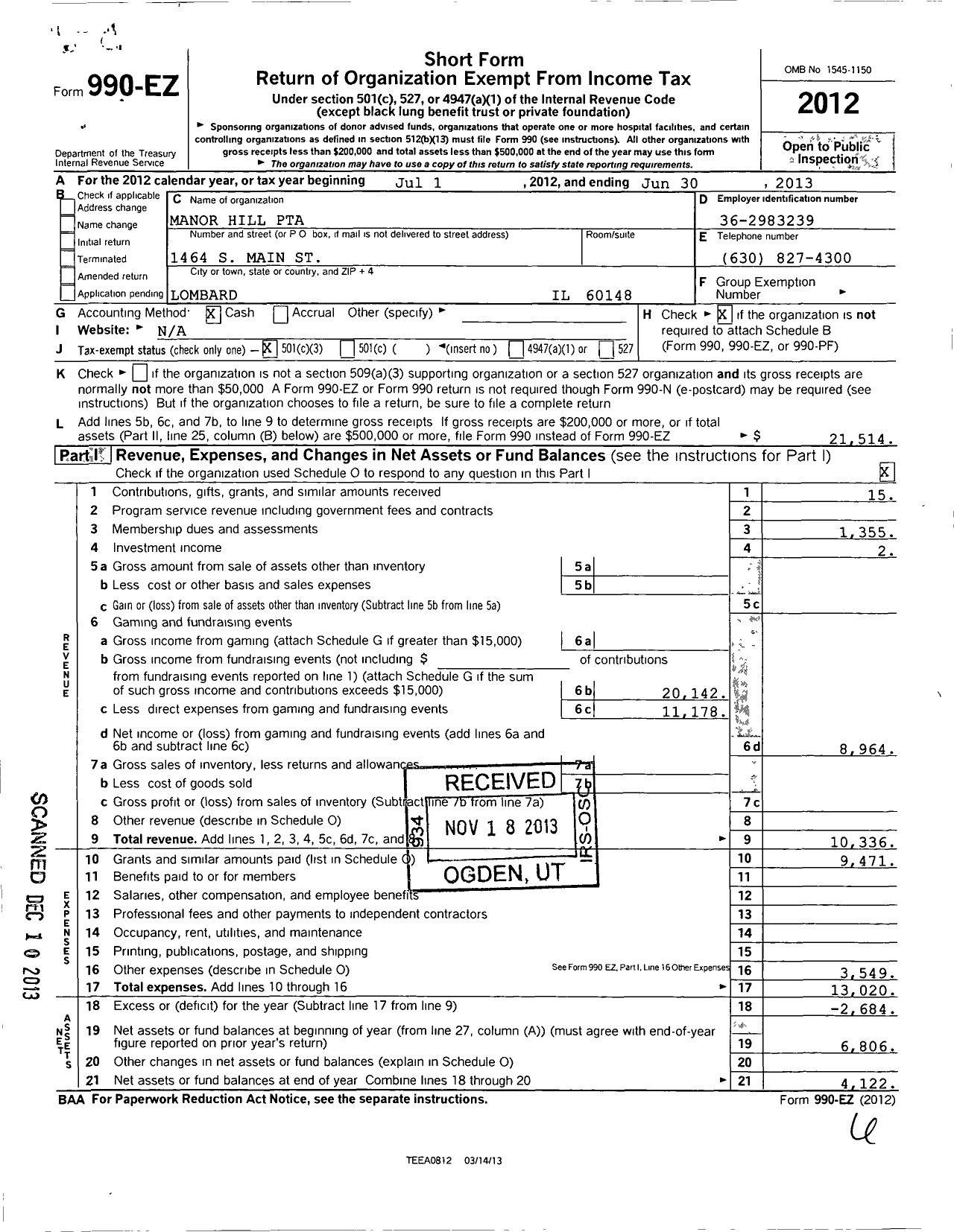 Image of first page of 2012 Form 990EZ for Illinois PTA - Manor Hill School PTA