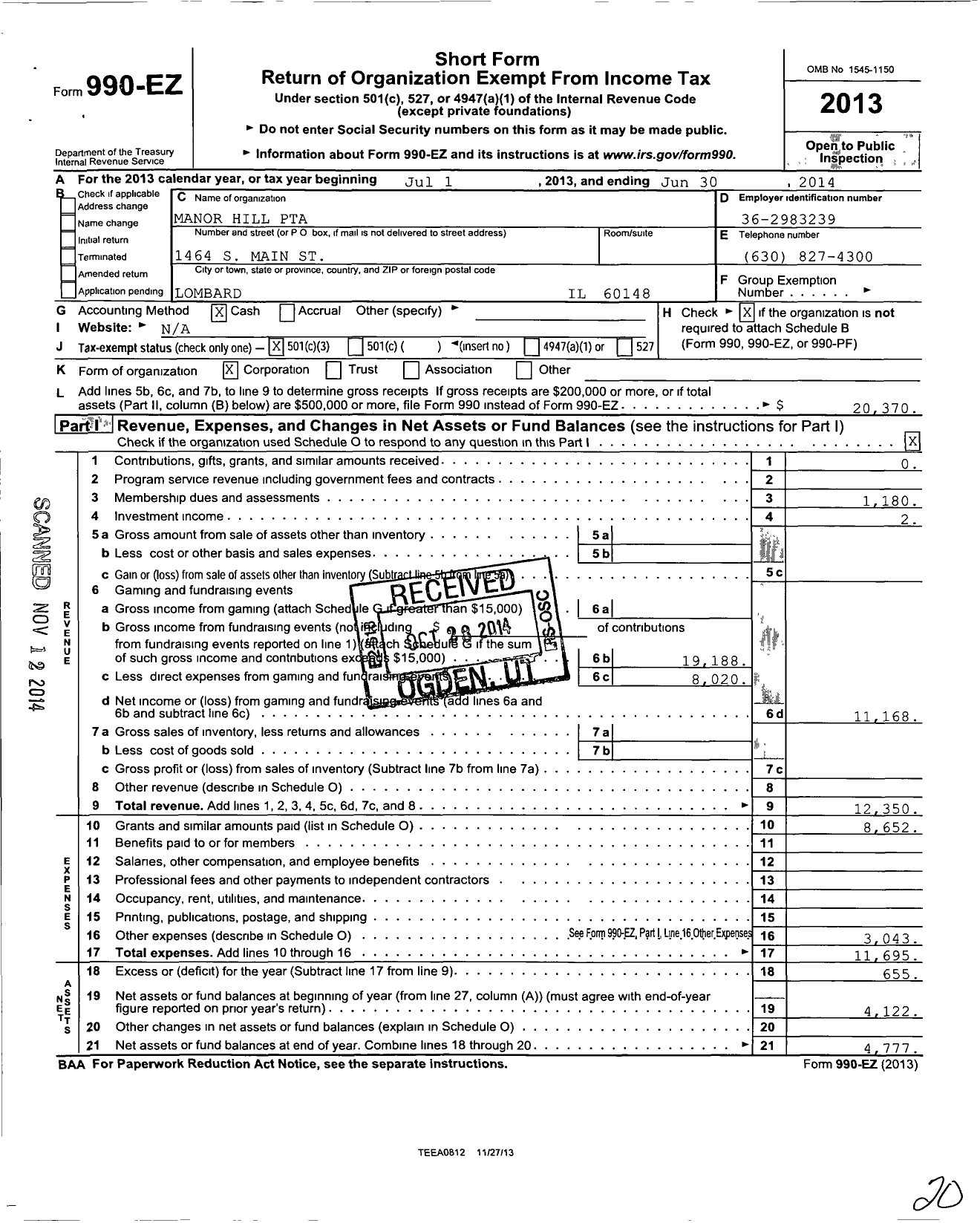 Image of first page of 2013 Form 990EZ for Illinois PTA - Manor Hill School PTA