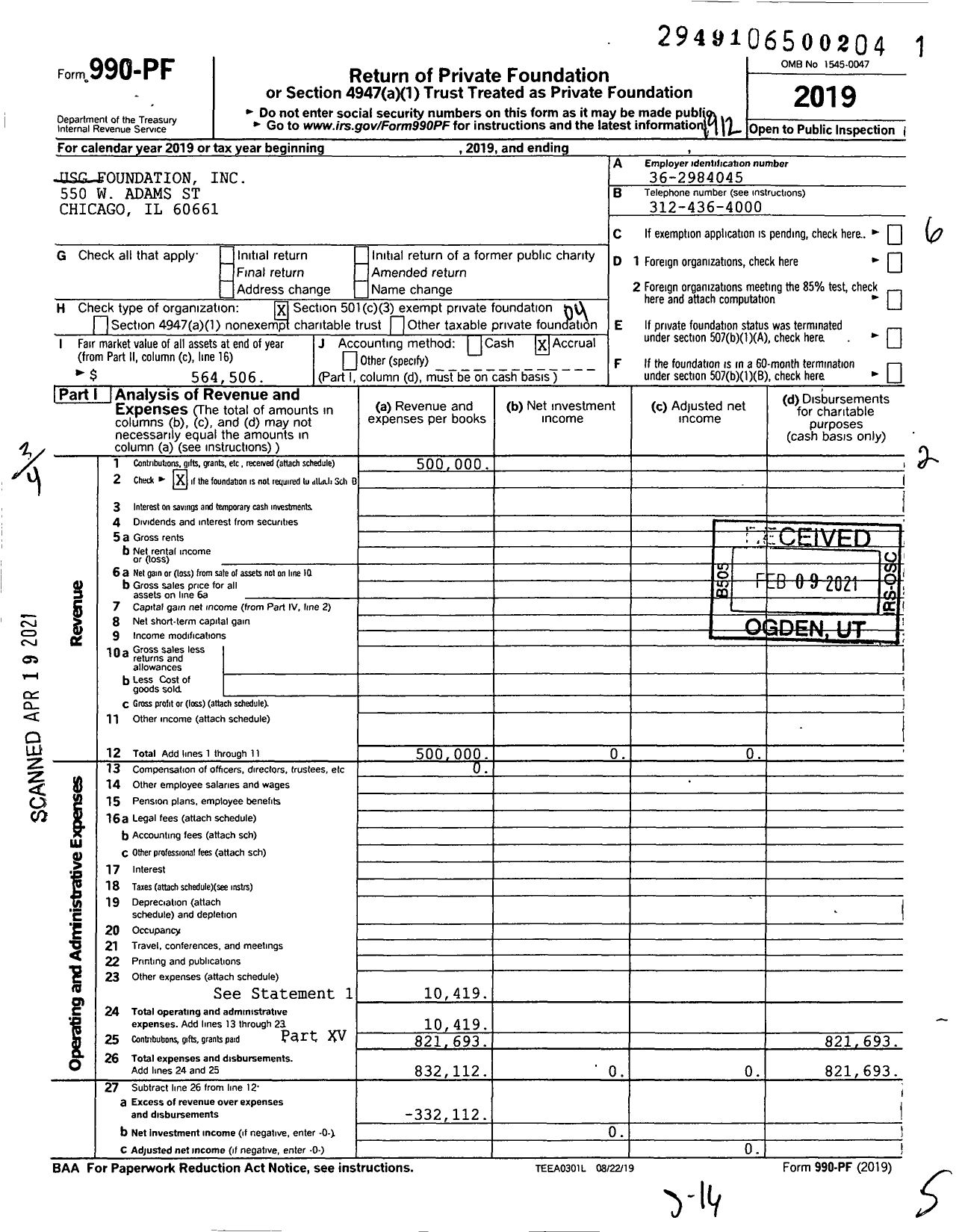 Image of first page of 2019 Form 990PF for Usg Foundation