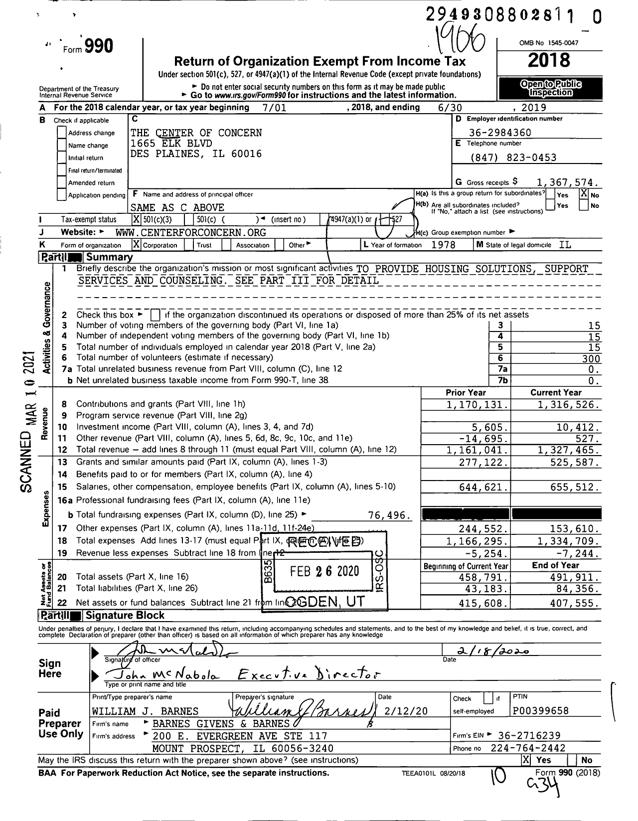 Image of first page of 2018 Form 990 for The Center of Concern