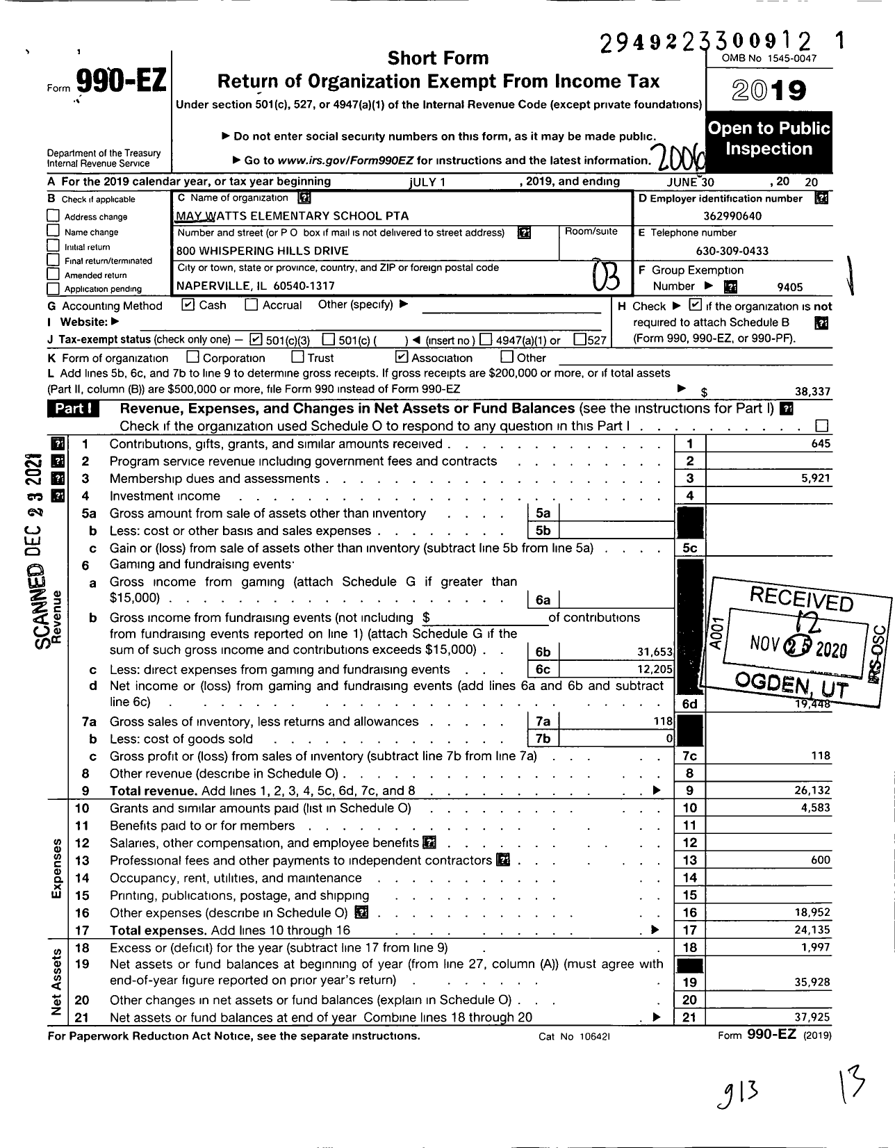 Image of first page of 2019 Form 990EZ for Illinois PTA - May Watts School PTA