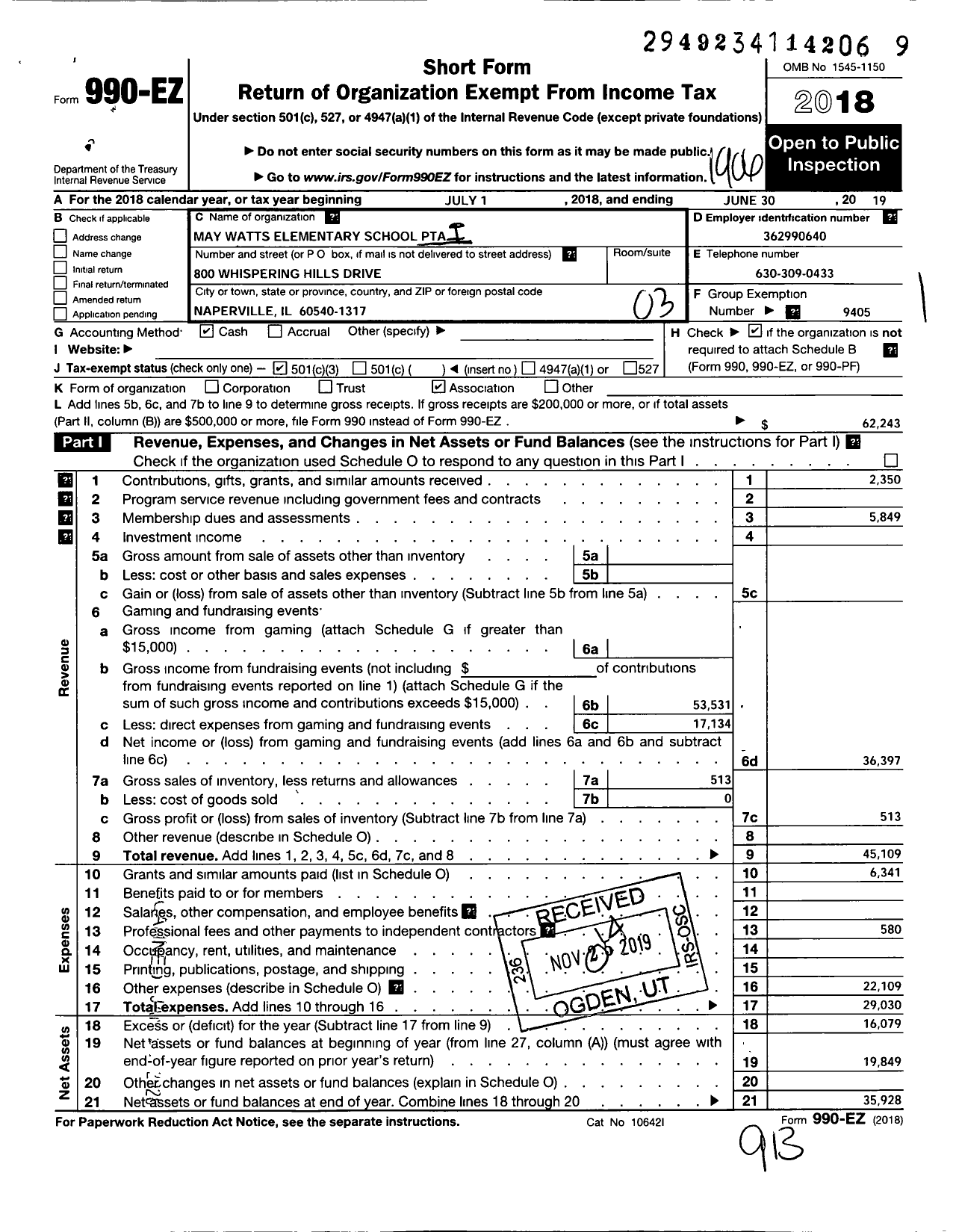 Image of first page of 2018 Form 990EZ for Illinois PTA - May Watts School PTA