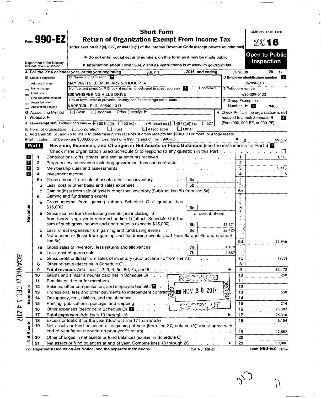 Image of first page of 2016 Form 990EZ for Illinois PTA - May Watts School PTA