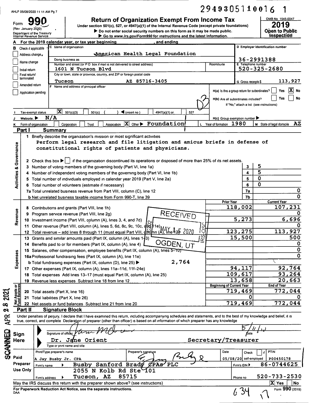 Image of first page of 2019 Form 990 for American Health Legal Foundation