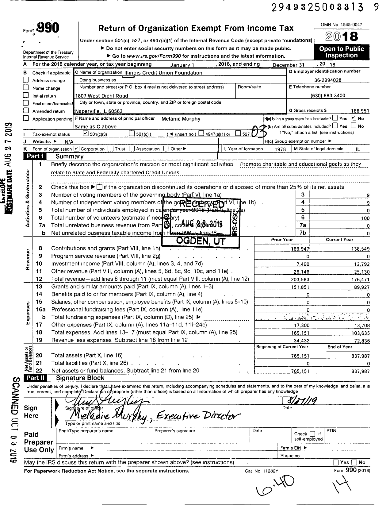 Image of first page of 2018 Form 990 for Illinois Credit Union Foundation