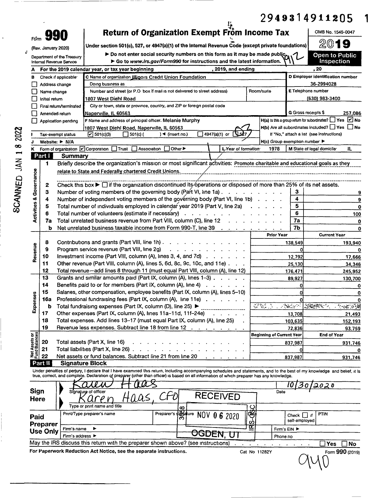 Image of first page of 2019 Form 990 for Illinois Credit Union Foundation