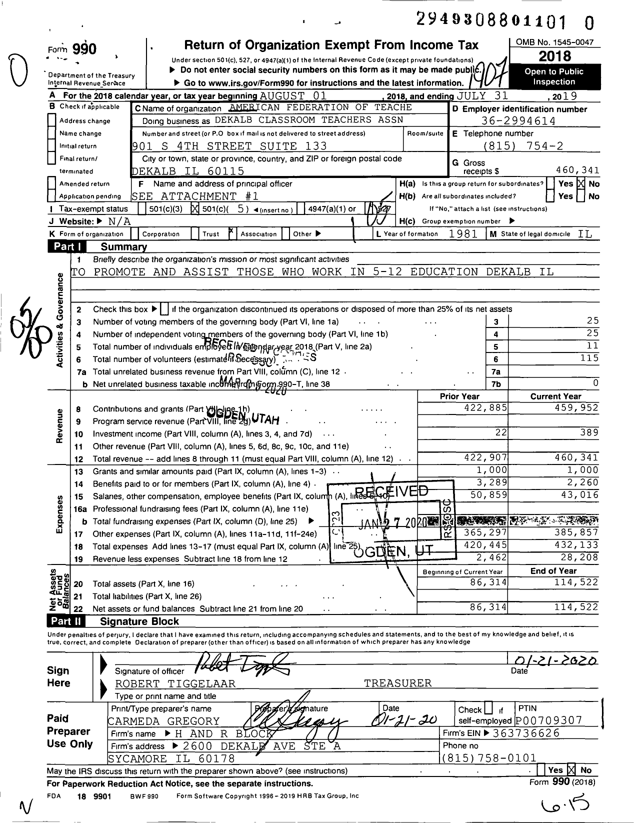 Image of first page of 2018 Form 990O for American Federation of Teachers - Dekalb Classroom Teachers Assn