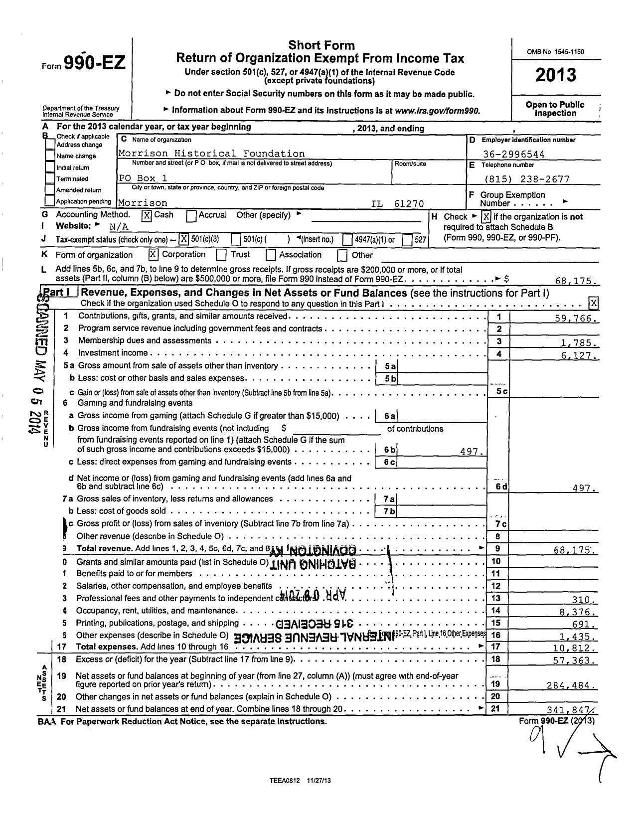 Image of first page of 2013 Form 990EZ for Morrrison Historical Society