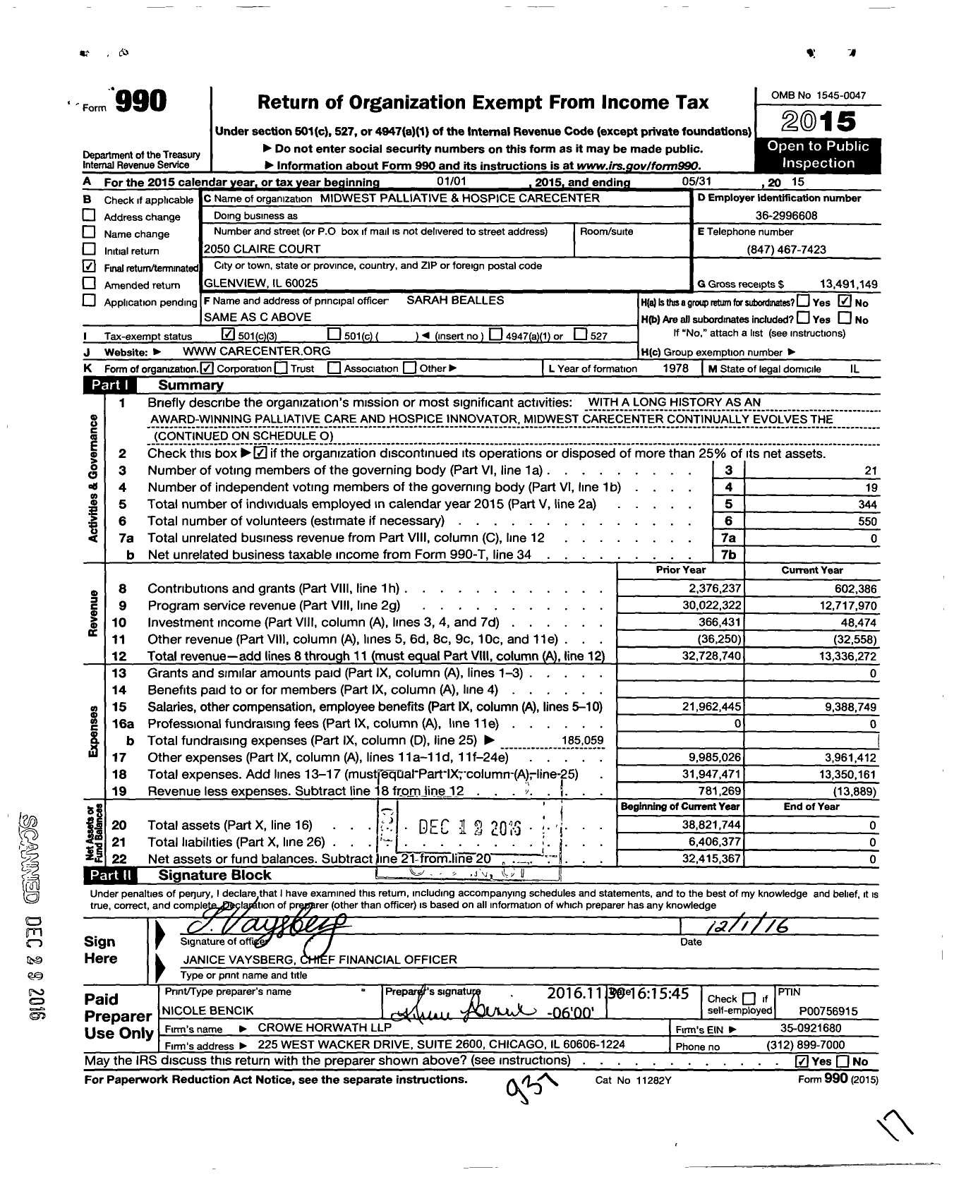Image of first page of 2014 Form 990 for Midwest Palliative and Hospice CareCenter