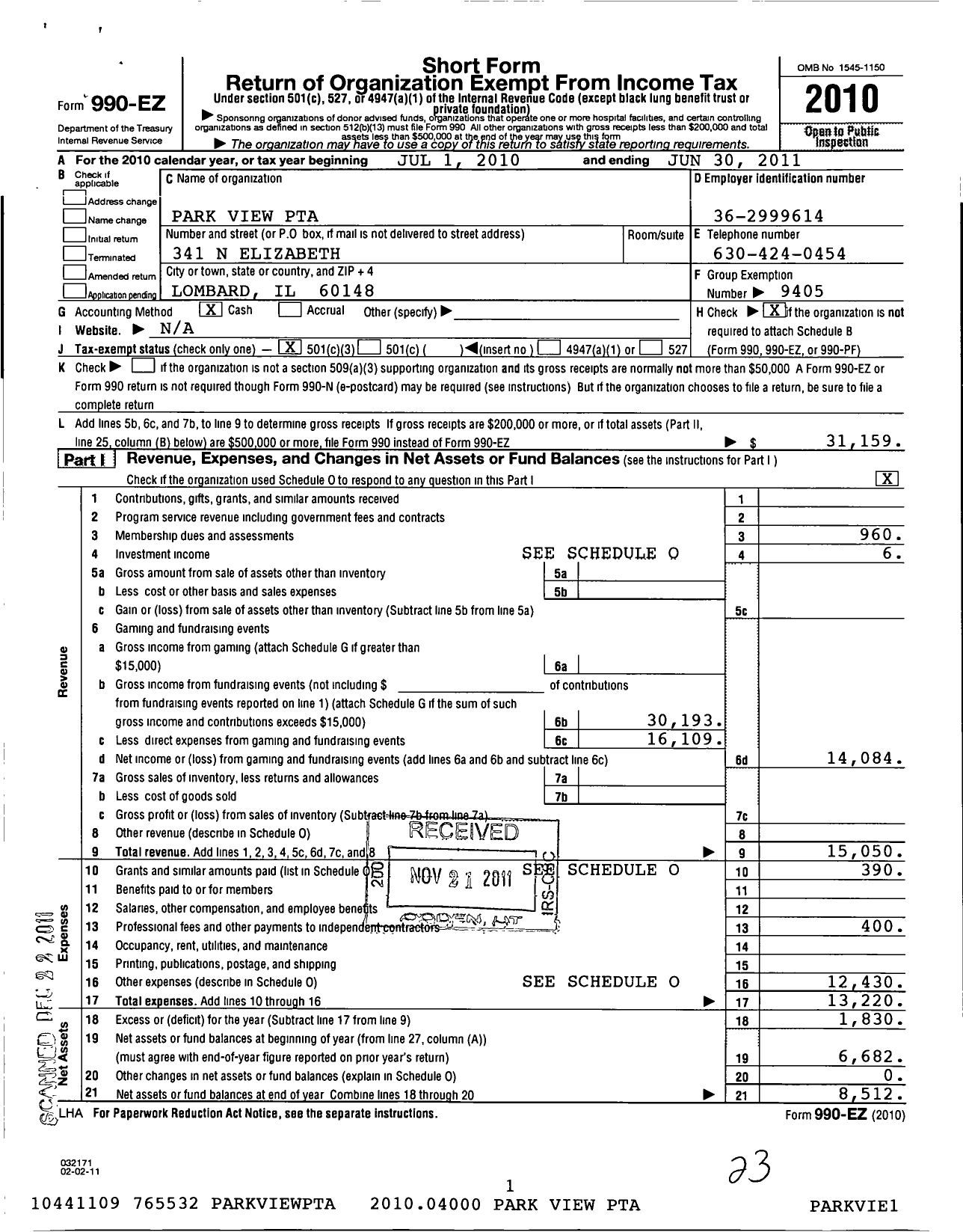 Image of first page of 2010 Form 990EZ for Illinois PTA - Parkview PTA