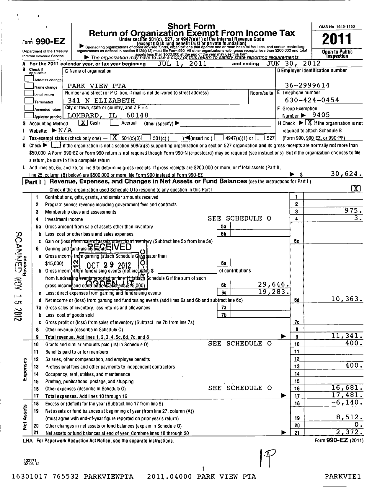 Image of first page of 2011 Form 990EZ for Illinois PTA - Parkview PTA