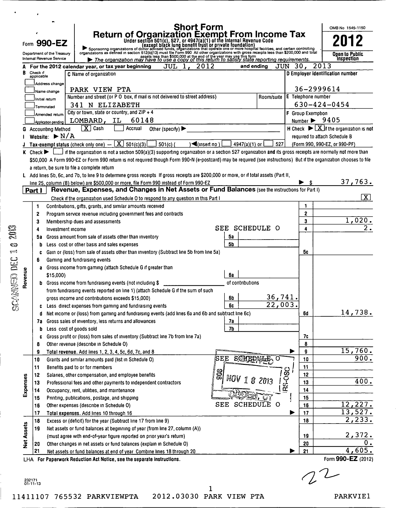 Image of first page of 2012 Form 990EZ for Illinois PTA - Parkview PTA