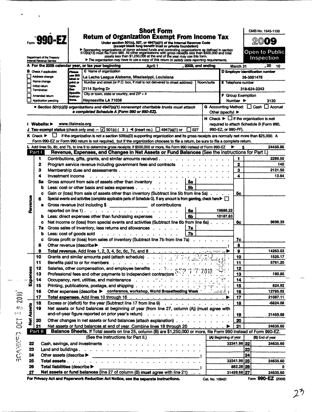 Image of first page of 2009 Form 990EZ for La Leche League - LLL Al MS La