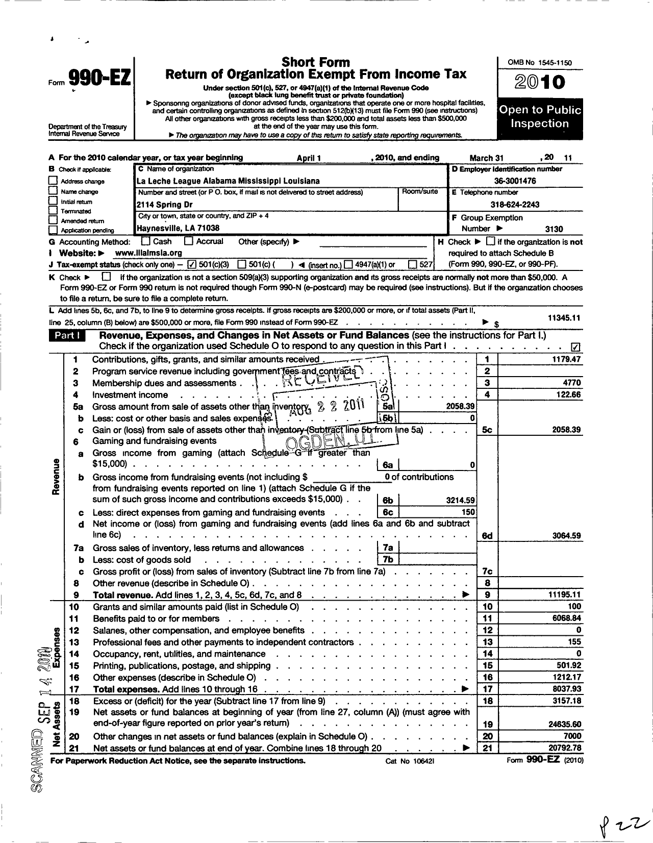 Image of first page of 2010 Form 990EZ for La Leche League - LLL Al MS La