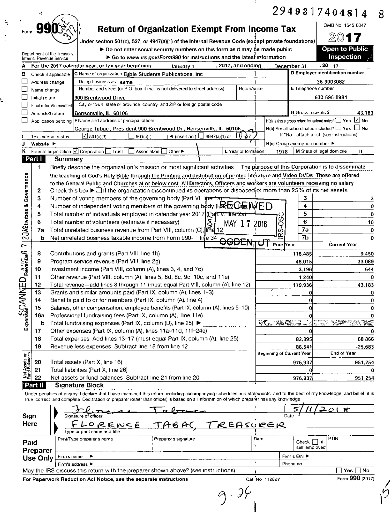 Image of first page of 2017 Form 990 for Bible Students Publications