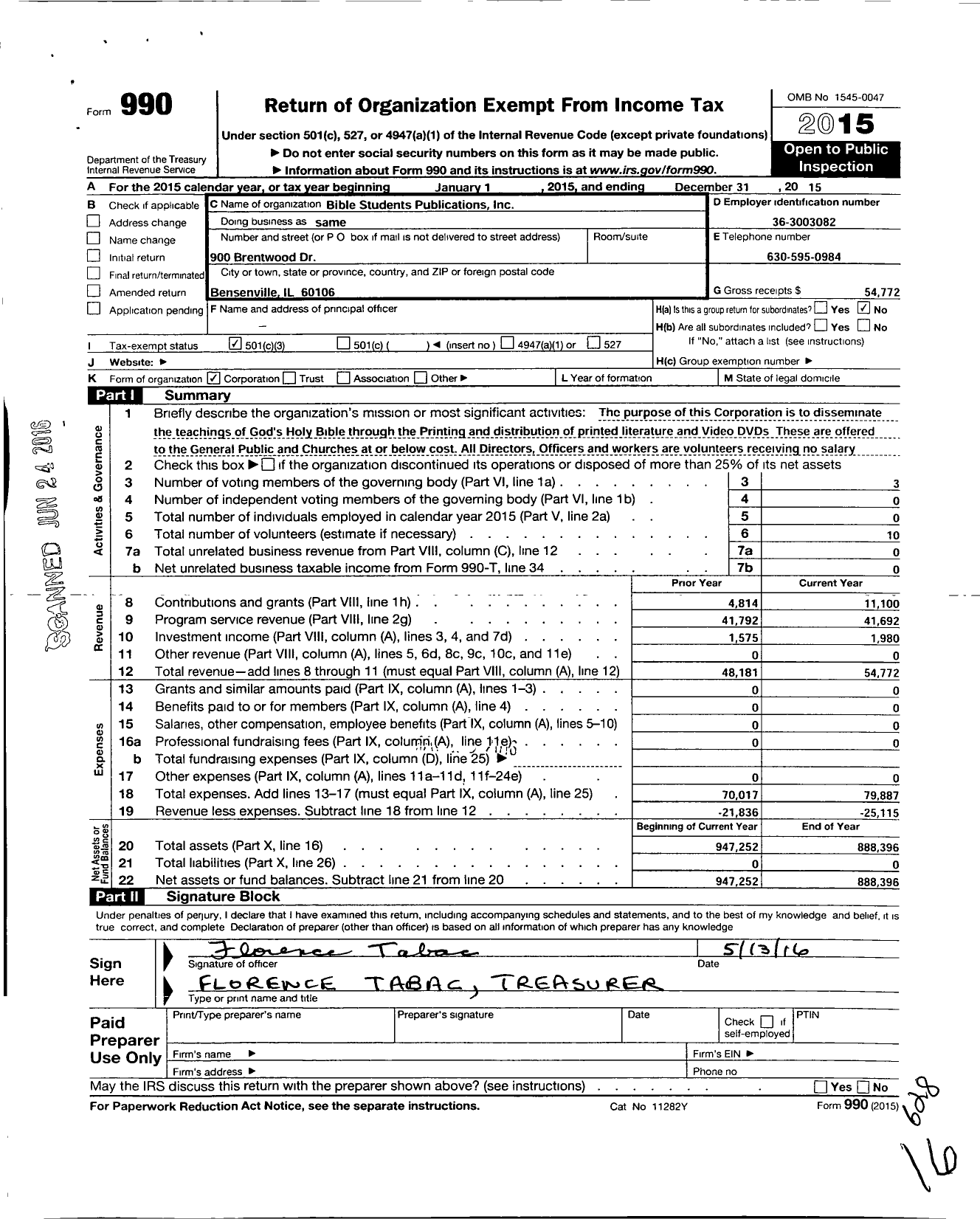 Image of first page of 2015 Form 990 for Bible Students Publications