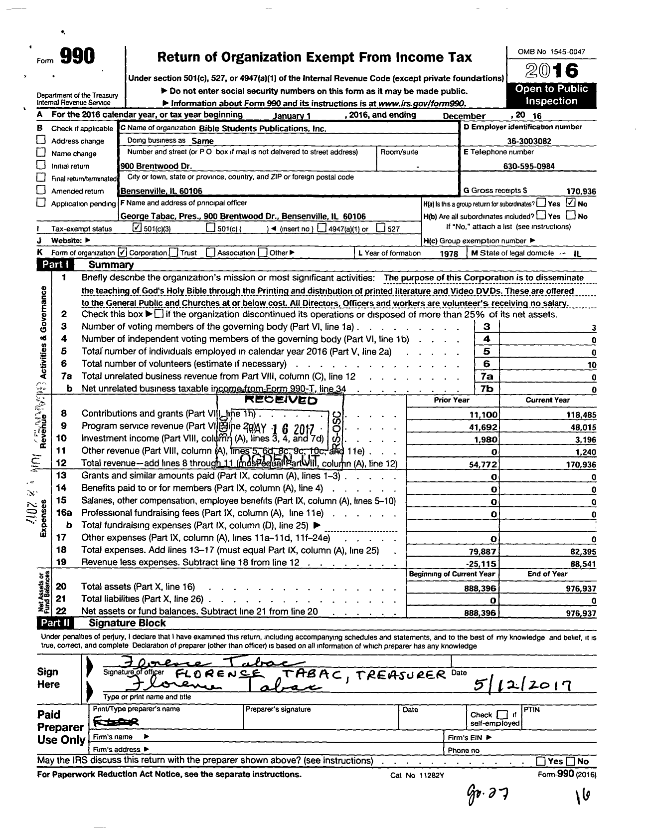 Image of first page of 2016 Form 990 for Bible Students Publications