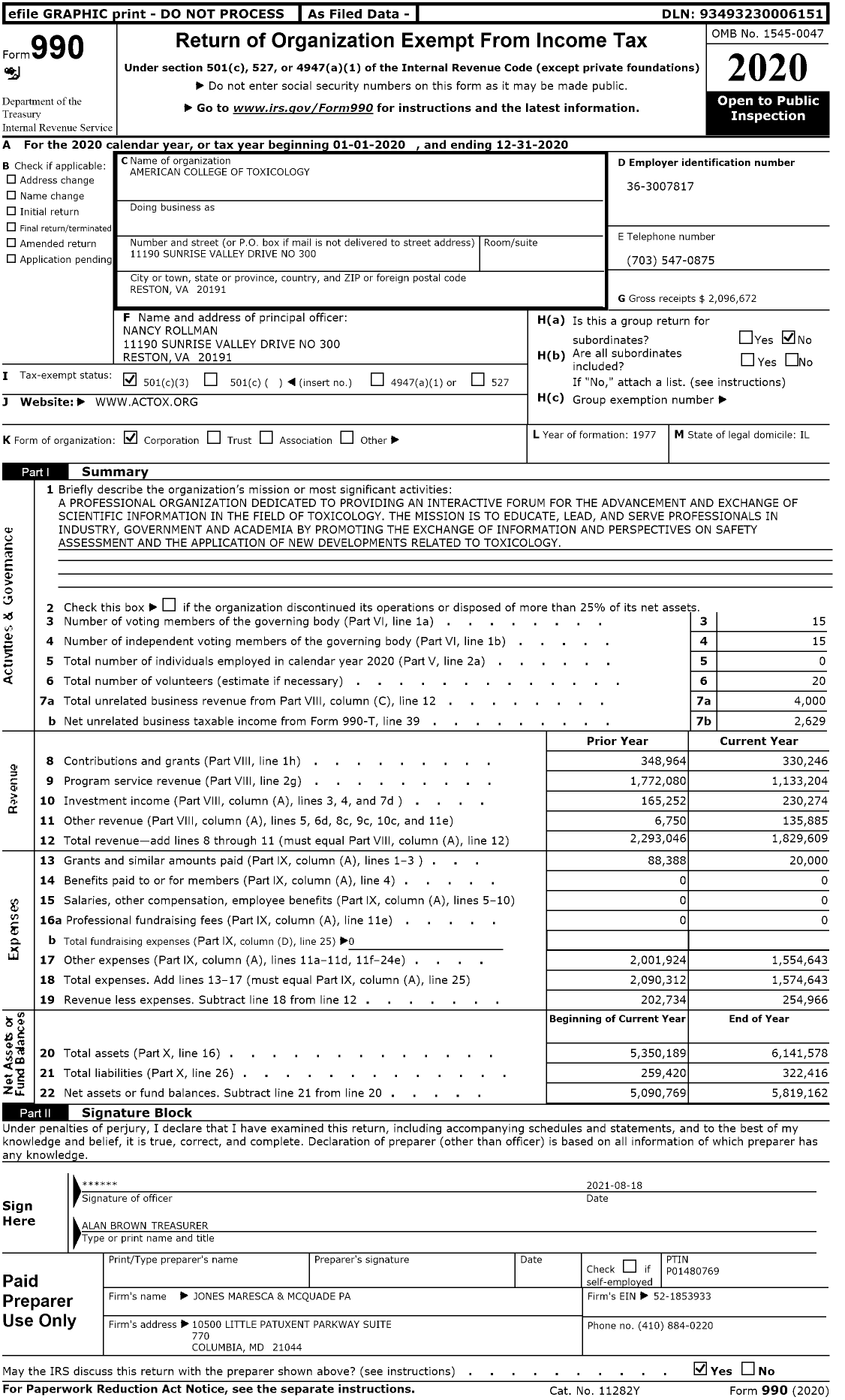 Image of first page of 2020 Form 990 for American College of Toxicology